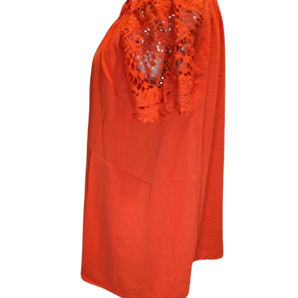 Davi & Dani Tomato Red Ruffled Neck Blouse with Crochet Lace Sleeves- Size Small